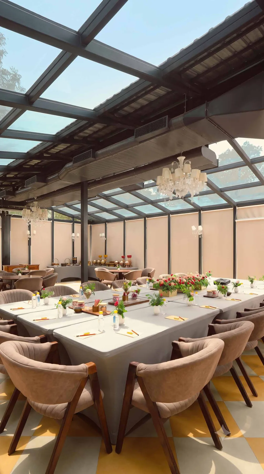 A meeting table under the glass roof