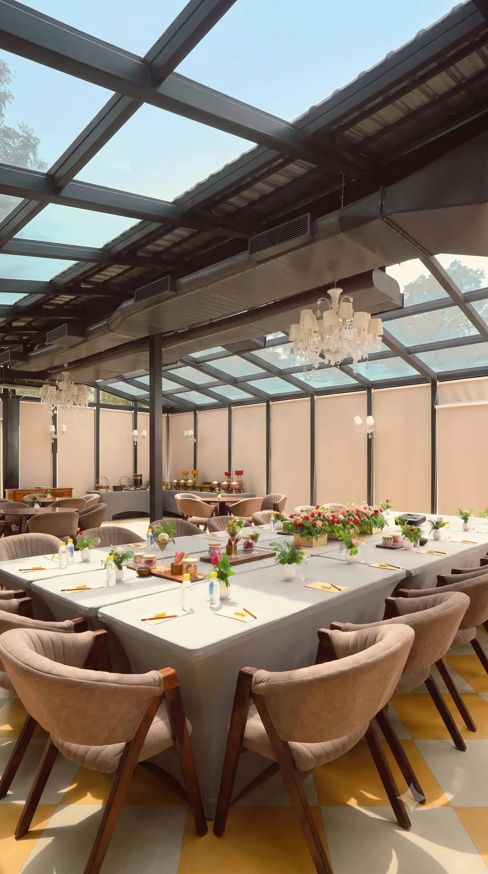 A long table inside The Glasshouse