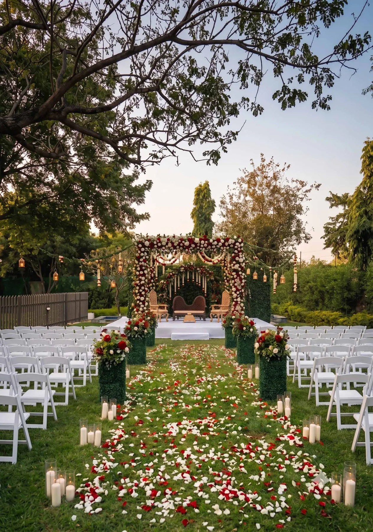 A garden wedding aisle strewn with rose petals