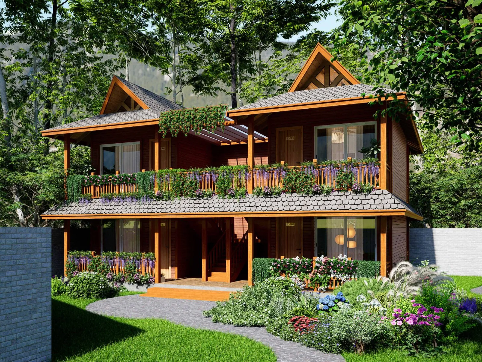 Twin timber cottages wrapped in flowering balconies