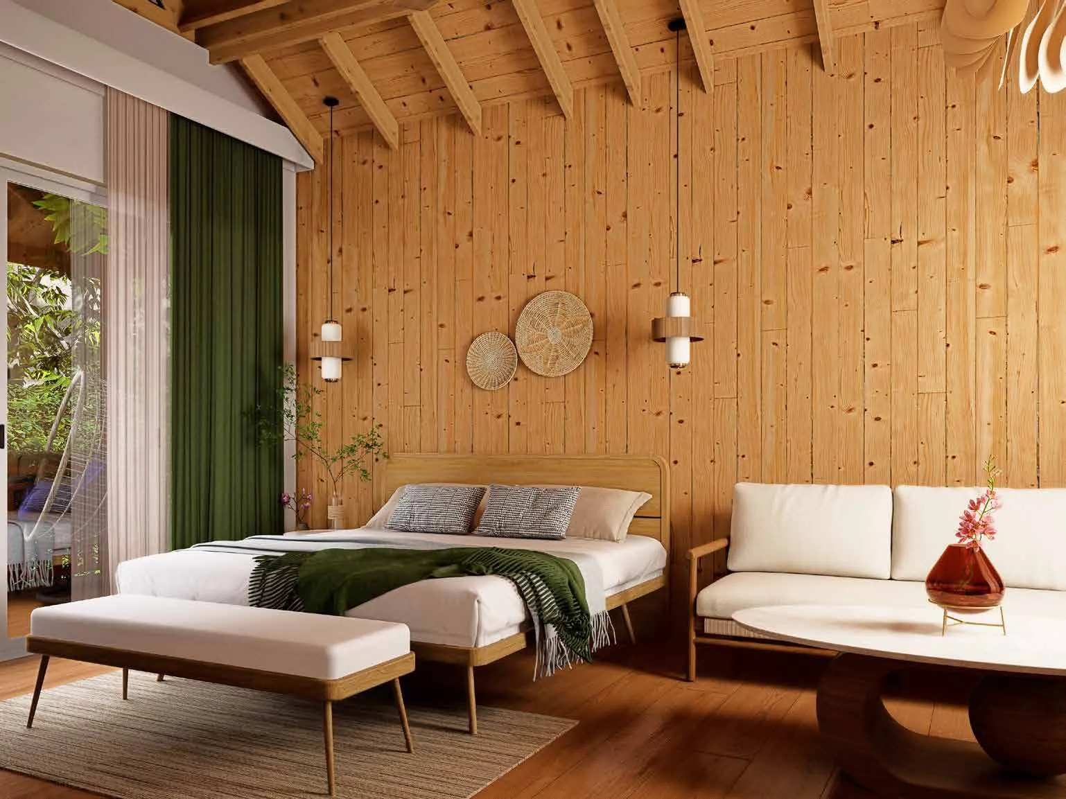 A warm timber cottage room with soft pendant light