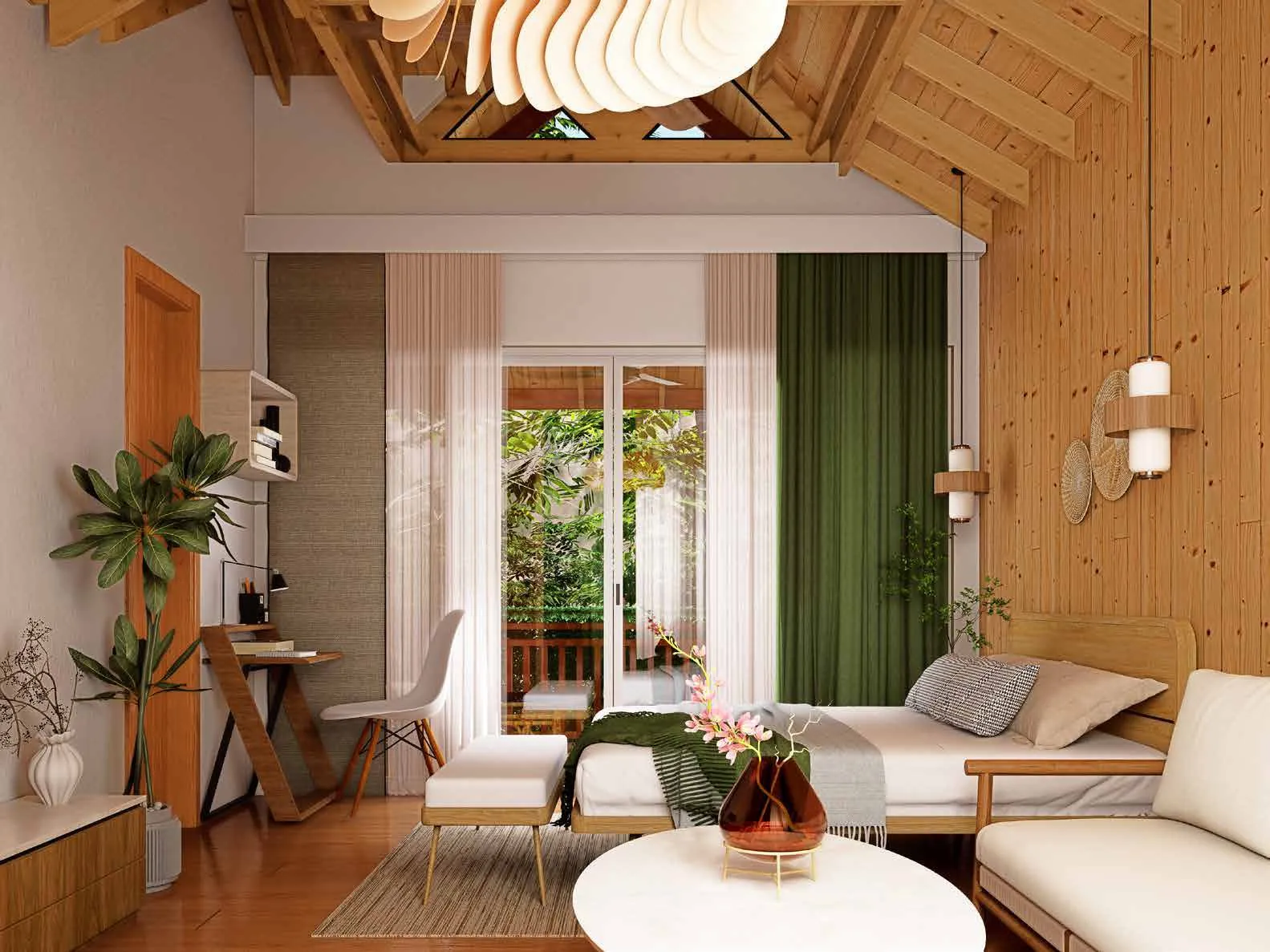 A cottage suite in wood and linen, curtains drawn to the garden