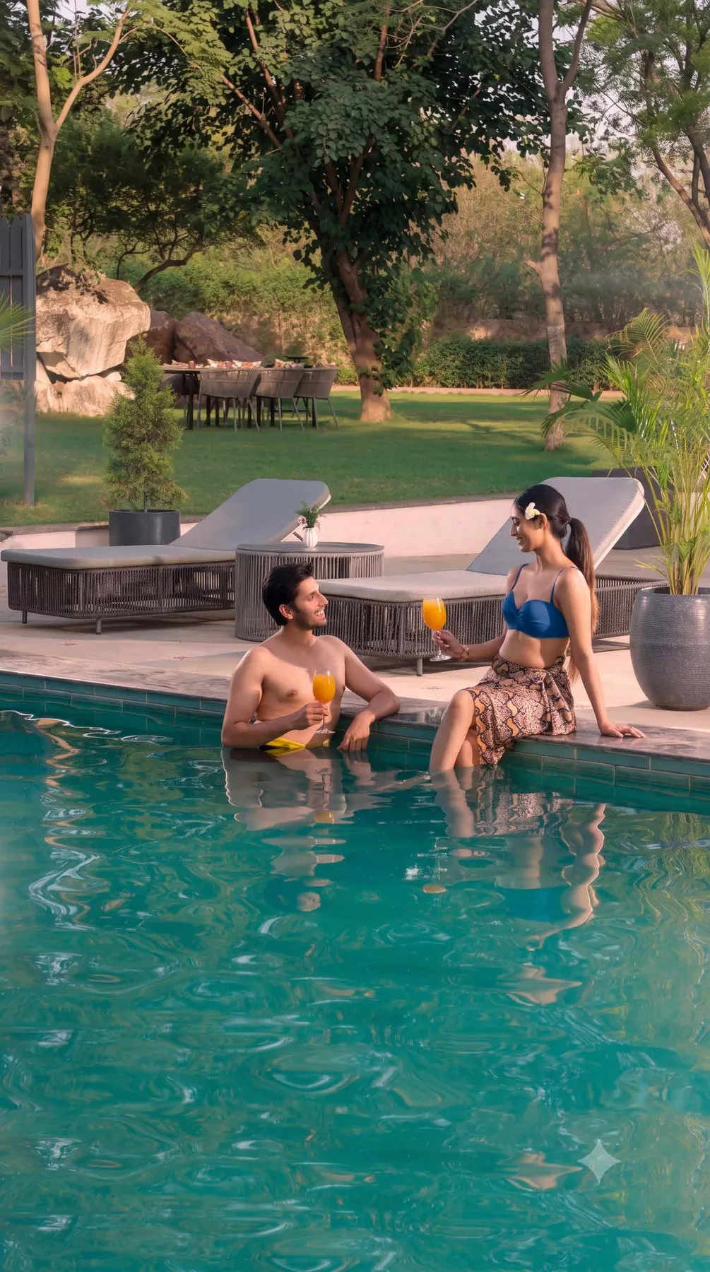 Golden hour by the pool, drinks on the deck